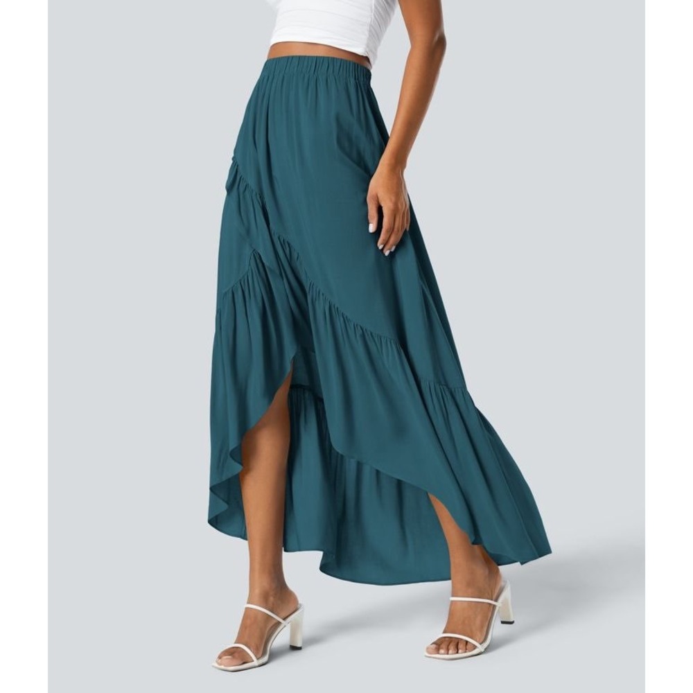 Halara Teal Blue Ruffle Tiered Maxi Skirt Viscose Elastic Waist Small High Low